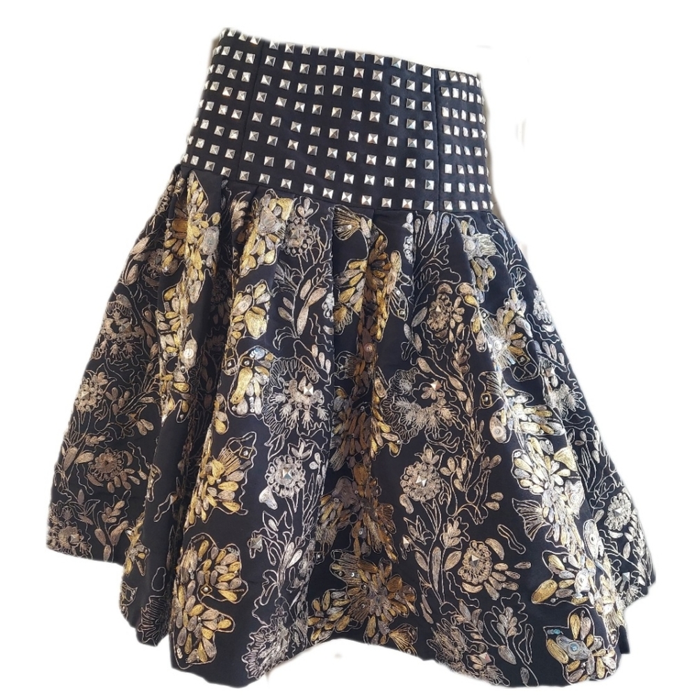 $5,500 OSCAR DE LA RENTA BLACK GOLD SILVER EMBROID STUDDED COUTURE SKIRT US 4